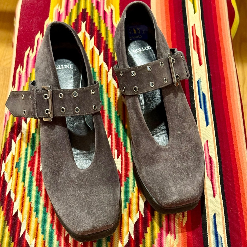 ROLLINI Italian Grey Suede Mary Jane‎ Platform Shoes Buckle Strap Square Toe
